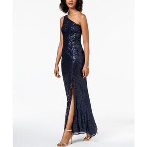 NWT Adrianna Papell Navy Sequin One Shoulder Formal Gown (Size US 8)